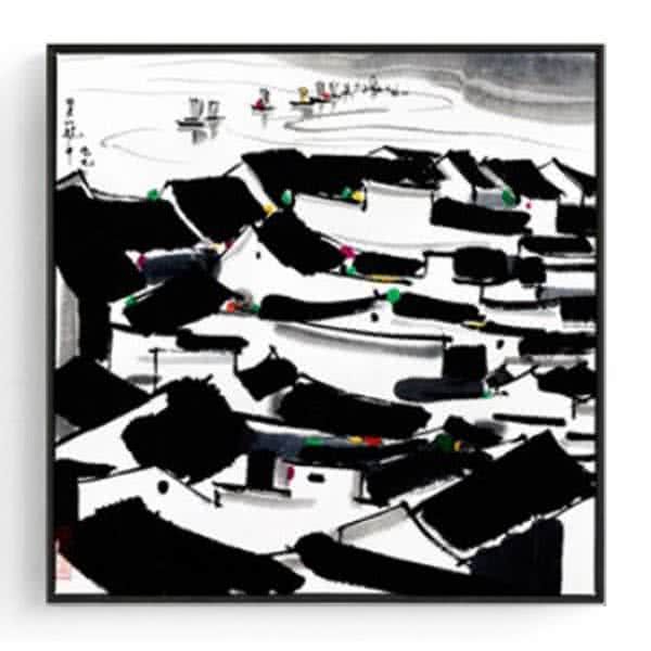 Stockroom Artworks - Square Canvas Wall Art - Houses and Lake - More Sizes