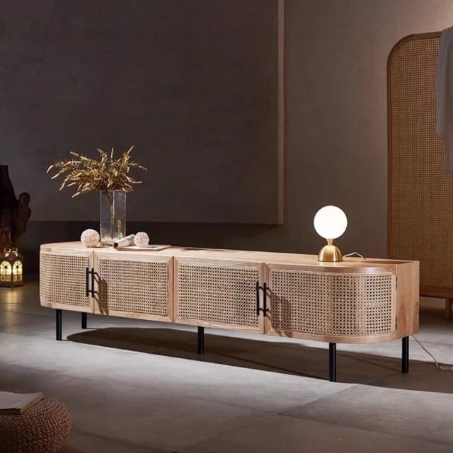 Nordic Curved Rattan TV Cabinet / Media Console with Storage Cabinet & 4 Doors