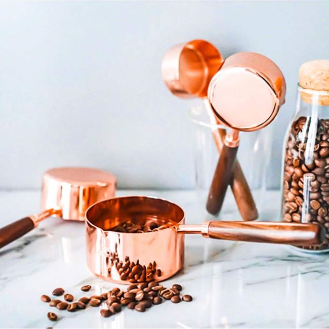 Stainless Steel Measuring Cup with Wood Handle, Rose Gold Polished Finish