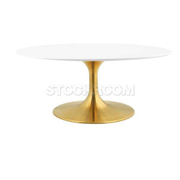 Tulip Style Oval White Coffee Table With Brass Base