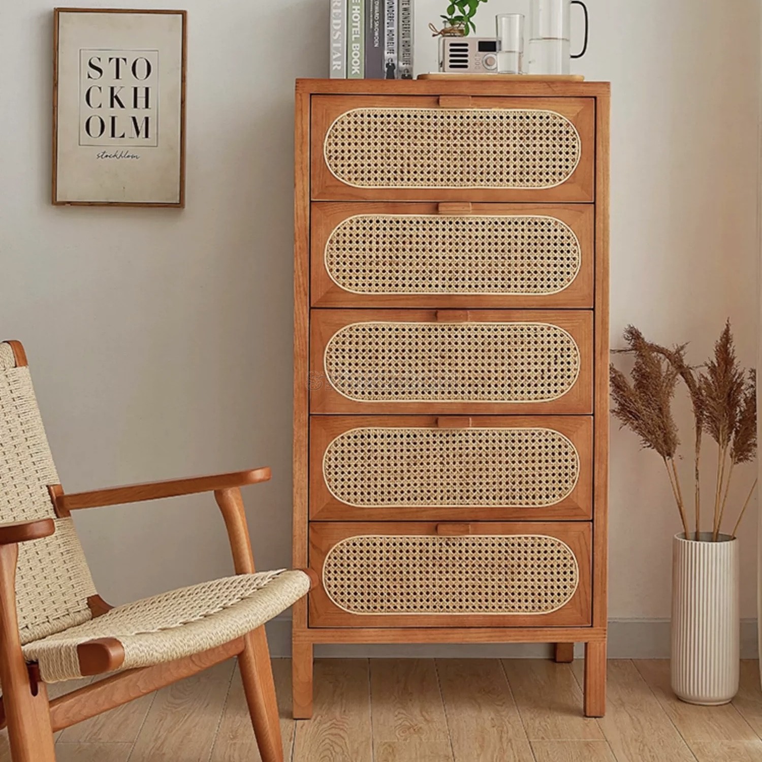 Ayala Rattan Woven Solid Wood 5 Drawers Dresser Sideboard Cabinet