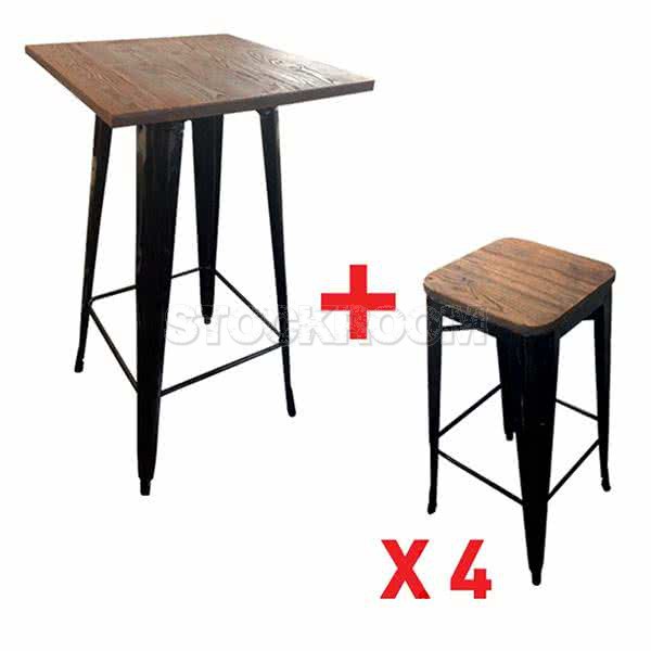 Xavier Pauchard Tolix Style Wooden Top Square Bar Table / High Table Set