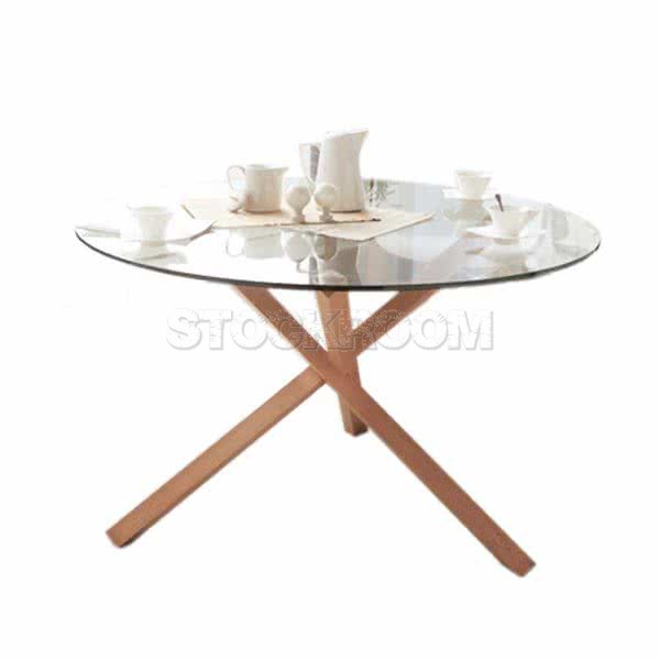 Clinton Round Glass Dining Table with Solid Wood Base