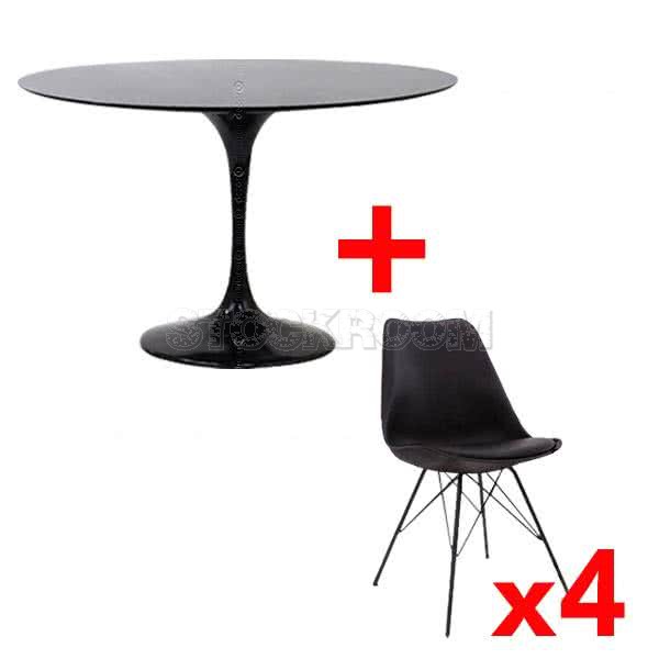 Tulip Style White Table and Navarro Dining Chair - Metal Base with White Metal Legs Combo Set - Set of 4 - Black