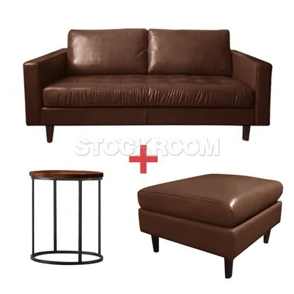Smithson Contemporary Leather Sofa, Smithson Leather Ottoman and Modern Industrial Tall Coffee Table Combo Set