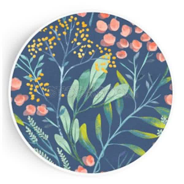 Stockroom Artworks - Circle Canvas Wall Art - Leaves and Flowers in Blue - More Sizes