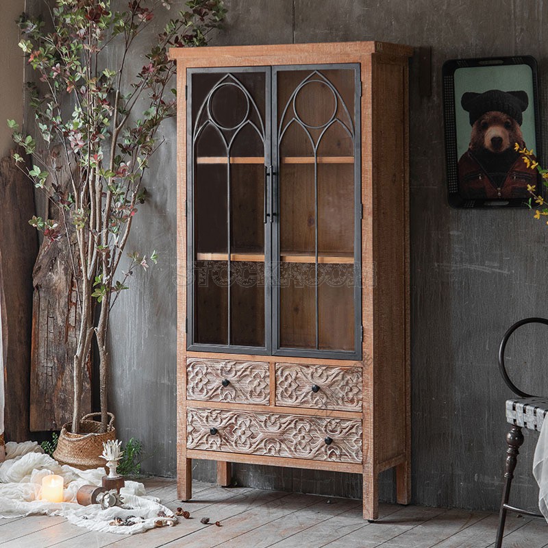 Mellor Industrial Rustic Cabinet Bookcase Carved Patterns Glass Doors With 3 Drawers