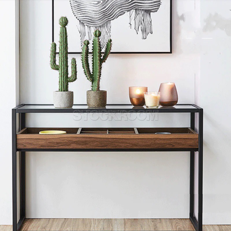 Orson Industrial Style Rectangular Narrow Console Table Glass Top with Storage