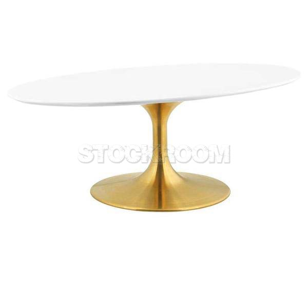 Tulip Style Oval White Coffee Table With Brass Base