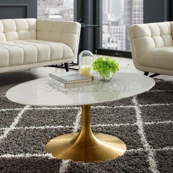 Tulip Style Oval White Coffee Table With Brass Base