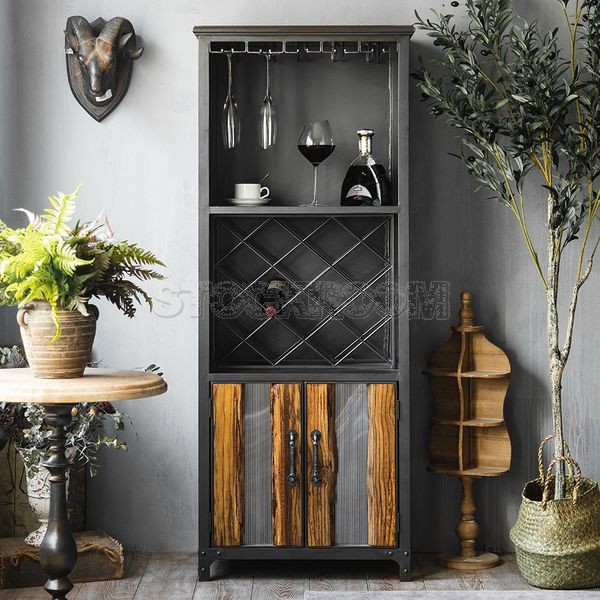 Sangrur Vintage Rustic Industrial Style Bar Cabinet Metal Frame With Storage Wine Glass Holders & Wine Grids by Stockroom