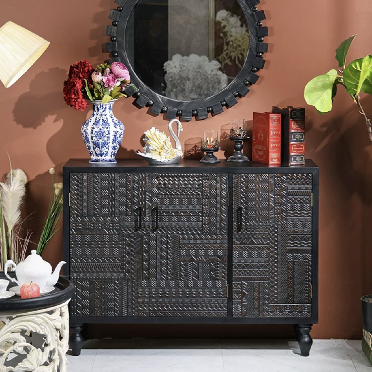 Amelie Rustic Black Solid Wood Sideboard Cabinet / Shoe Cabinet / 3 doors / 4 doors