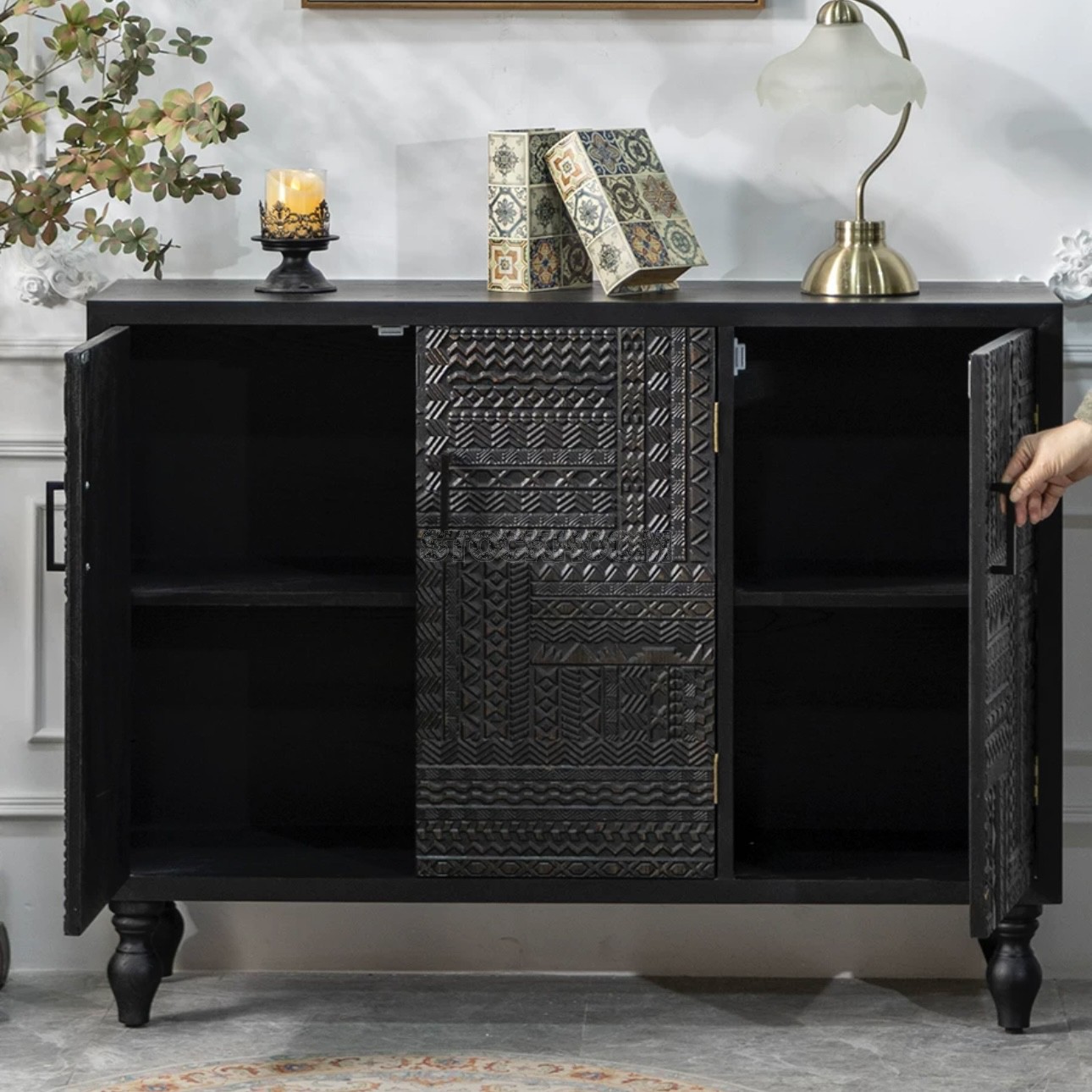 Amelie Rustic Black Solid Wood Sideboard Cabinet / Shoe Cabinet / 3 doors / 4 doors