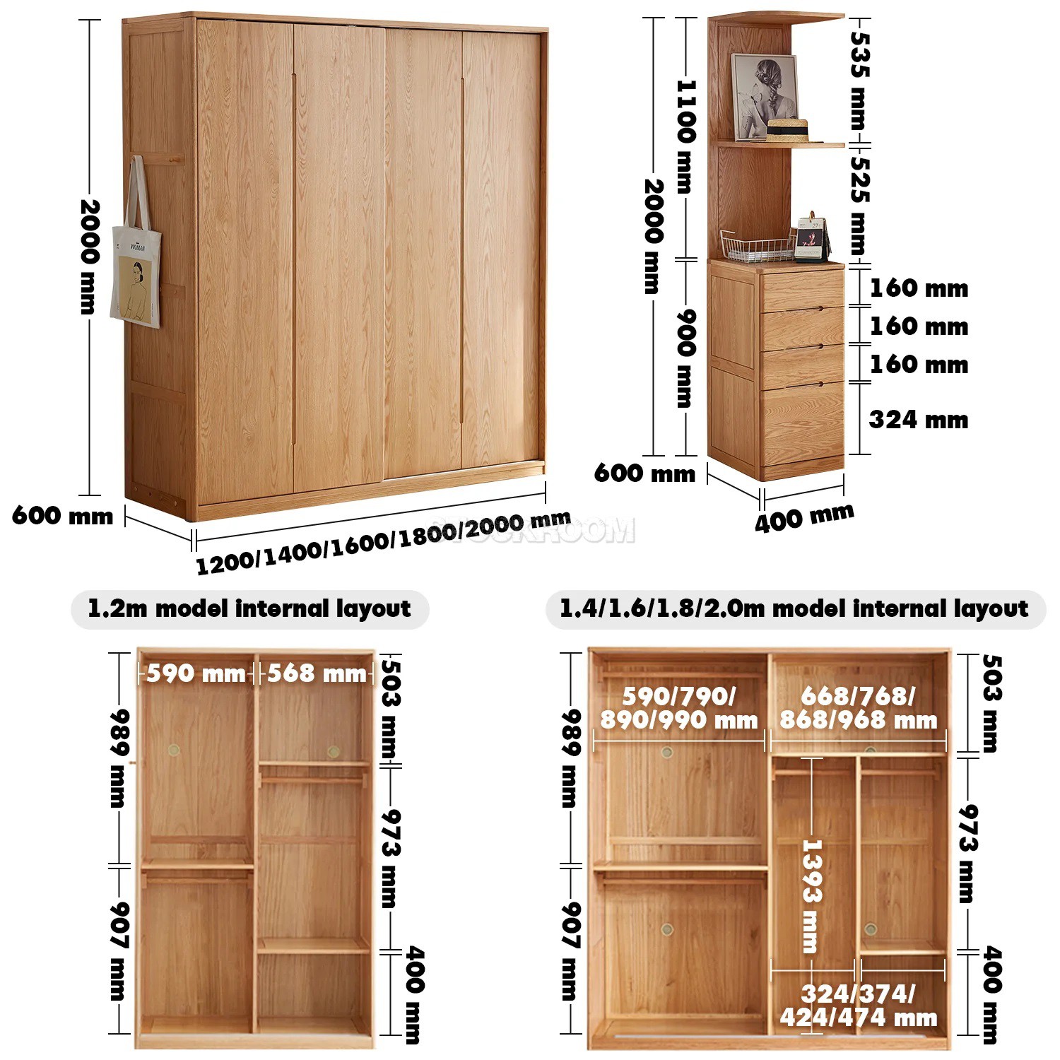 Belle Scandinavian Solid Oak Sliding Door Wardrobe / Cabinet