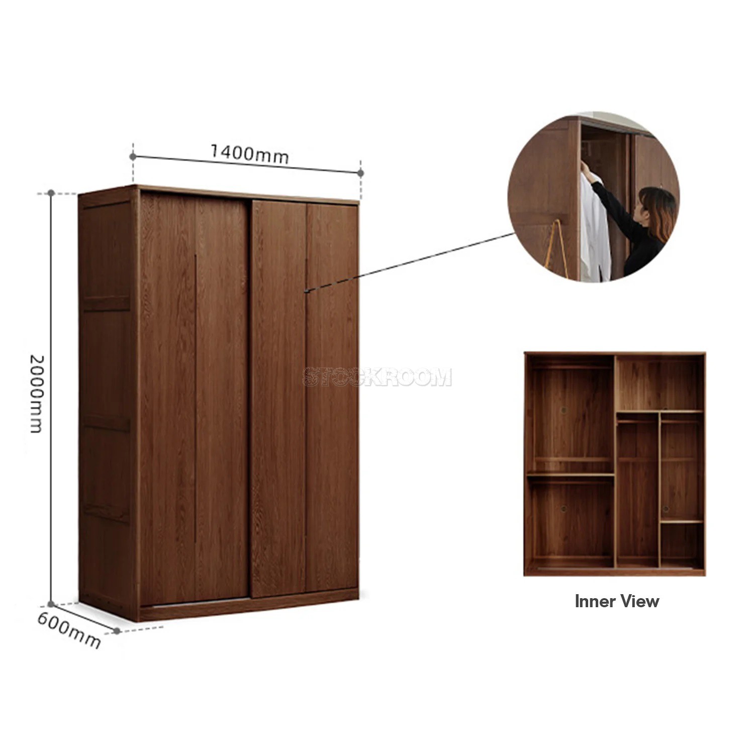 Belle Scandinavian Solid Oak Sliding Door Wardrobe / Cabinet