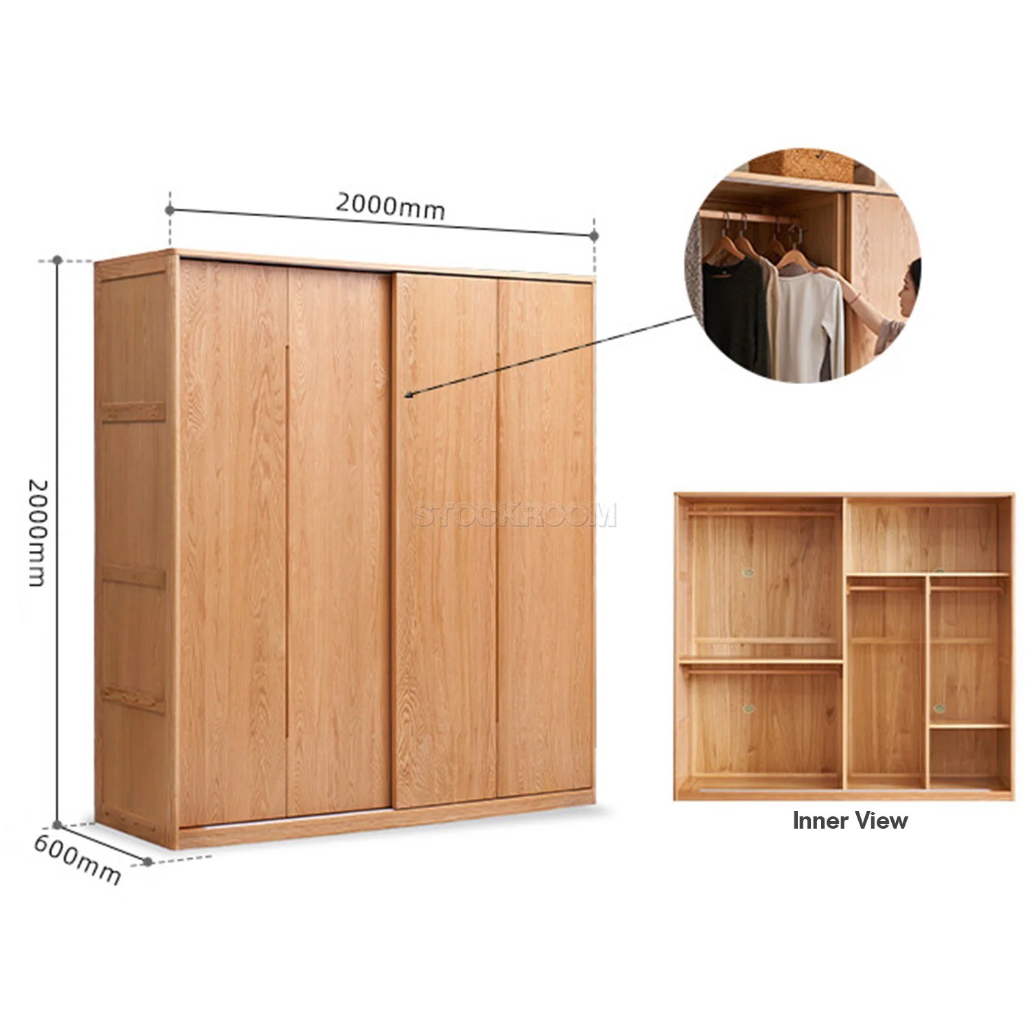 Belle Scandinavian Solid Oak Sliding Door Wardrobe / Cabinet