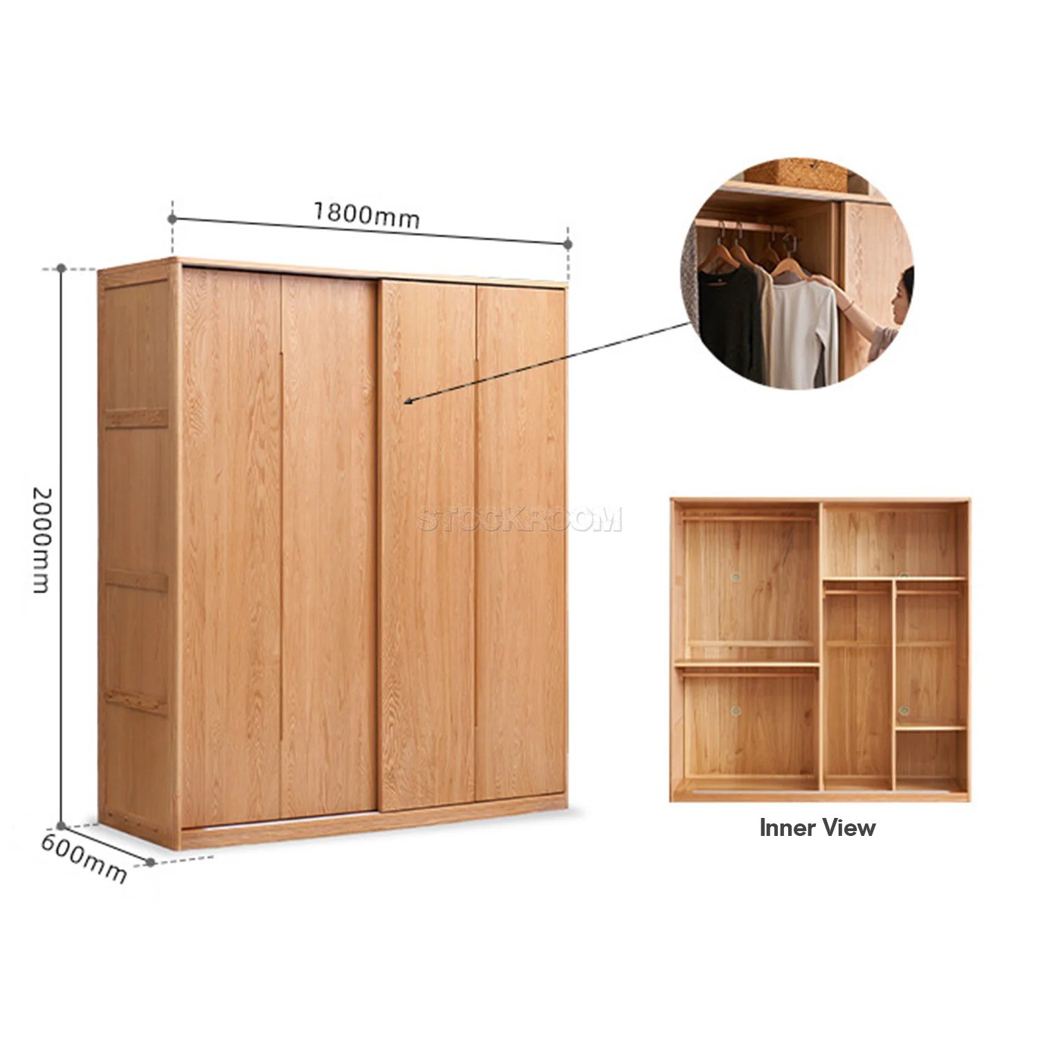 Belle Scandinavian Solid Oak Sliding Door Wardrobe / Cabinet