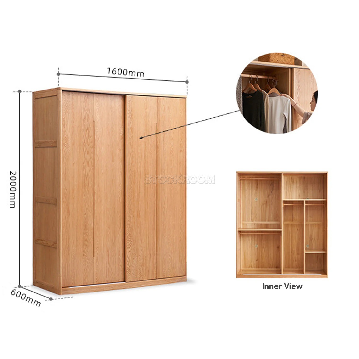 Belle Scandinavian Solid Oak Sliding Door Wardrobe / Cabinet