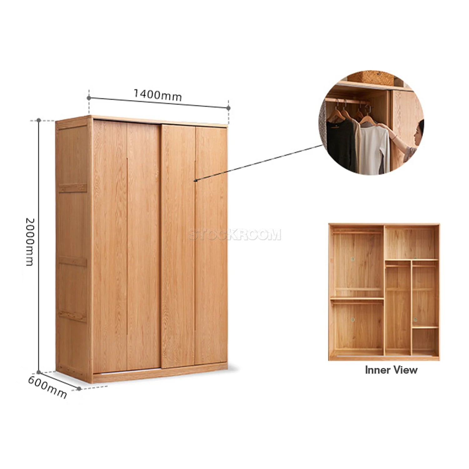 Belle Scandinavian Solid Oak Sliding Door Wardrobe / Cabinet