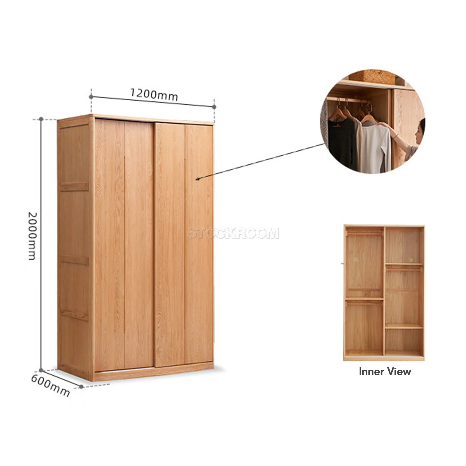 Belle Scandinavian Solid Oak Sliding Door Wardrobe / Cabinet