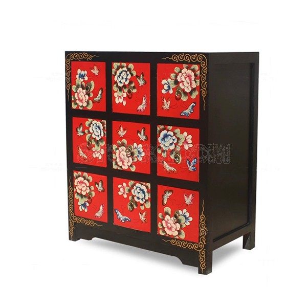 Chinese Antique Vintage Floral Style chest of drawers with 9 drawers