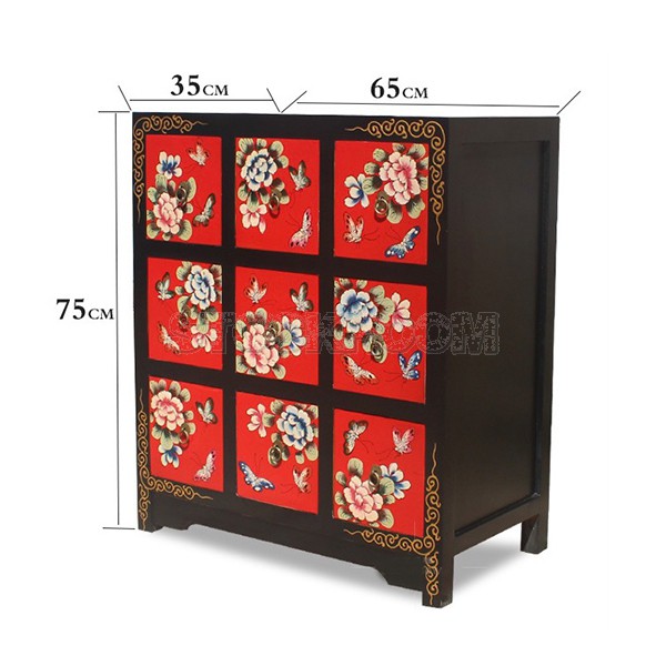 Chinese Antique Vintage Floral Style chest of drawers with 9 drawers