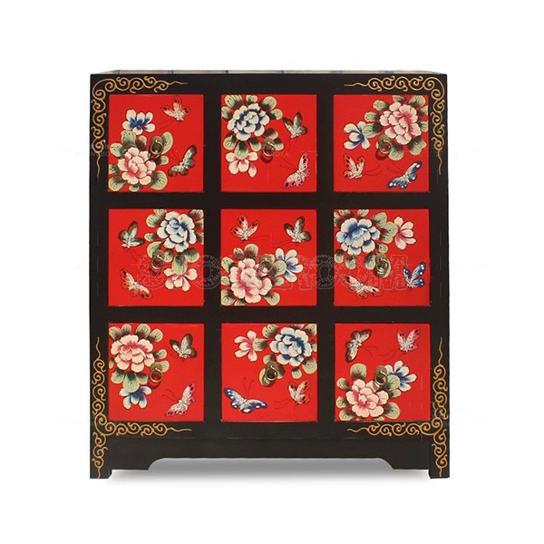 Chinese Antique Vintage Floral Style chest of drawers with 9 drawers
