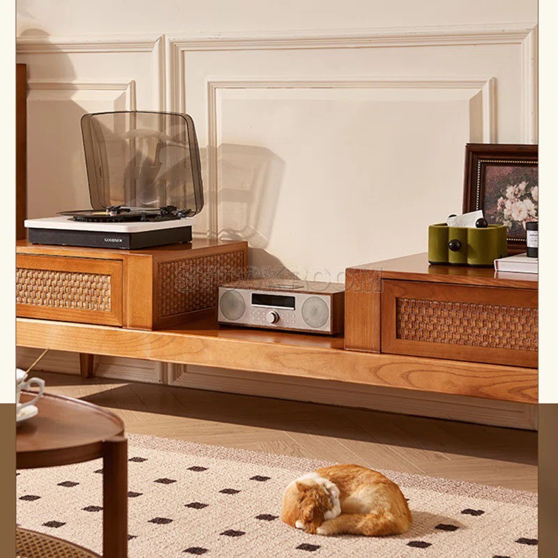 Christie Style Solid Wood Rattan Home TV Cabinet with 2 Drawers