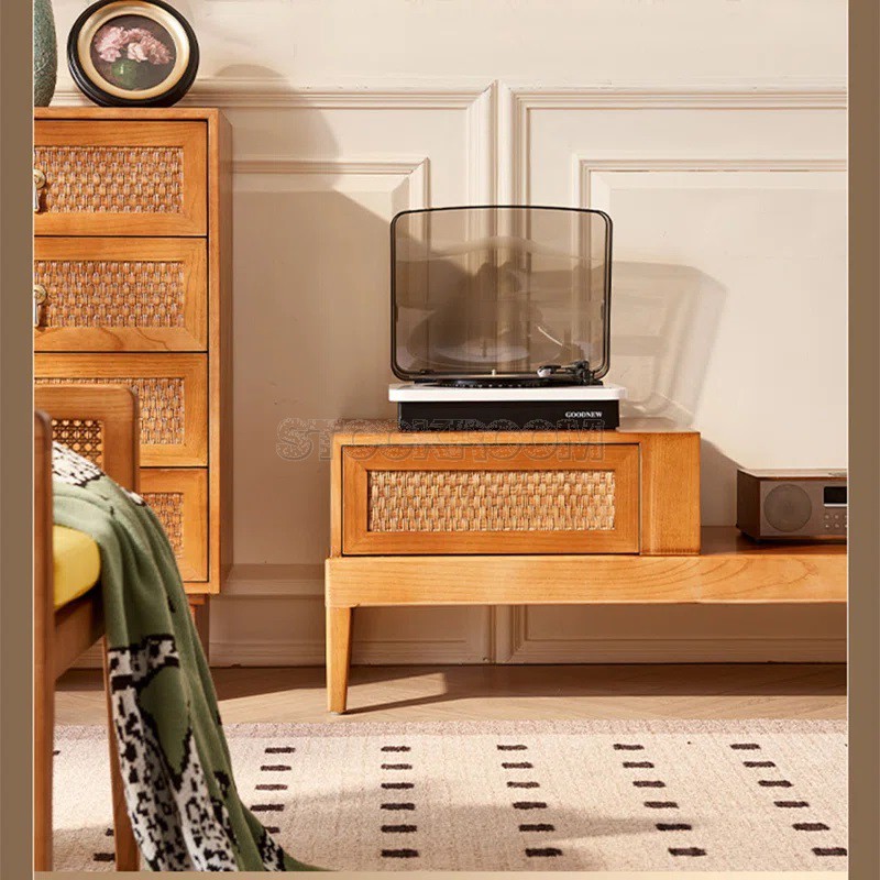 Christie Style Solid Wood Rattan Home TV Cabinet with 2 Drawers