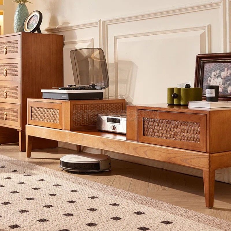 Christie Style Solid Wood Rattan Home TV Cabinet with 2 Drawers