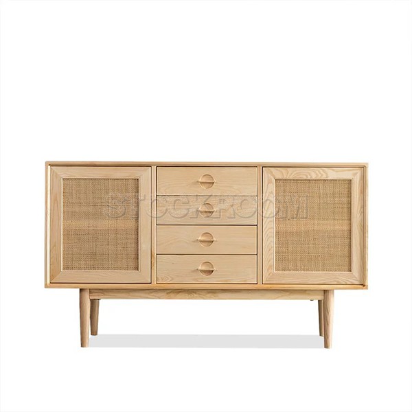 Cottage Style Natural Sideboard Buffet Rattan With 2 Doors 4 Drawers