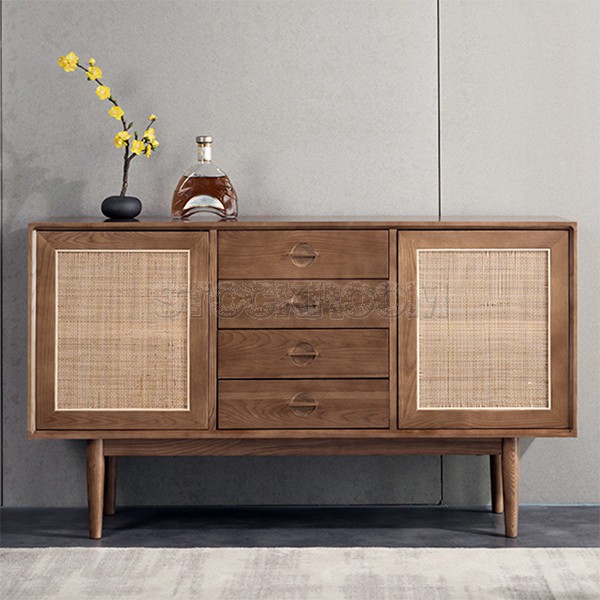 Cottage Style Natural Sideboard Buffet Rattan With 2 Doors 4 Drawers