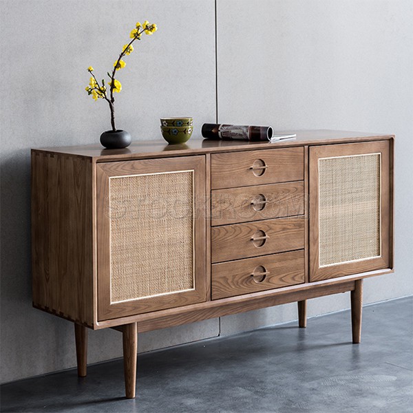 Cottage Style Natural Sideboard Buffet Rattan With 2 Doors 4 Drawers