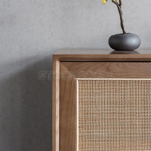 Cottage Style Natural Sideboard Buffet Rattan With 2 Doors 4 Drawers