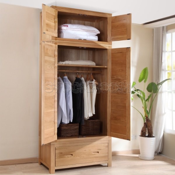 Denver Solid Wood Wardrobe with Additional Top Storage - Oak Finish