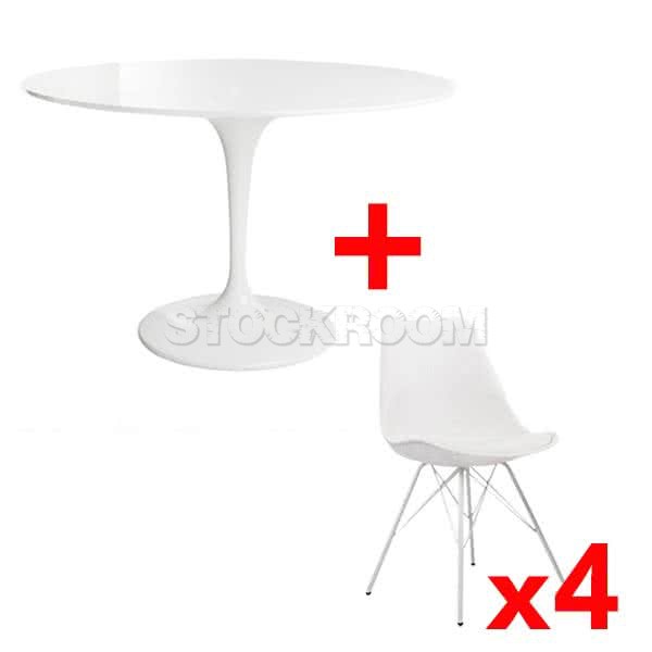 Tulip Style White Table and Navarro Dining Chair - Metal Base with White Metal Legs Combo Set - Set of 4 - White