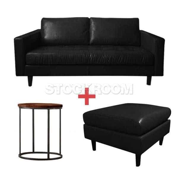 Smithson Contemporary Leather Sofa, Smithson Leather Ottoman and Modern Industrial Tall Coffee Table Combo Set