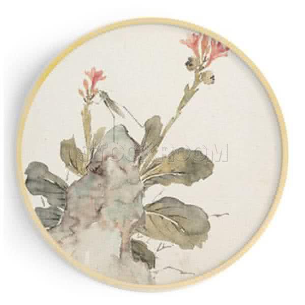 Stockroom Artworks - Circle Canvas Wall Art - Flowers and Grasshopper - More Sizes