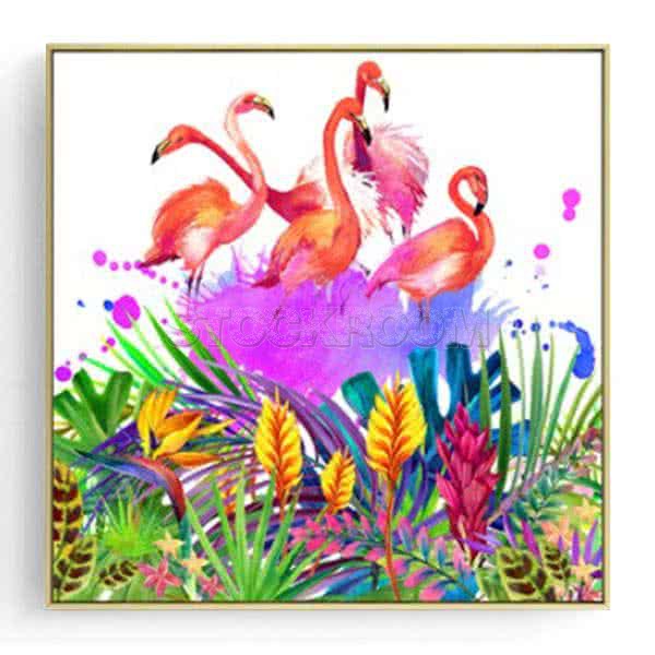 Stockroom Artworks - Square Canvas Wall Art - Flamingos and Leaves - More Sizes