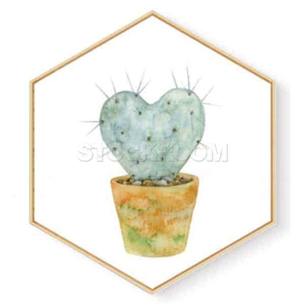 Stockroom Artworks - Hexagon Canvas Wall Art - Watercolor Heart-shaped Cactus - More Sizes