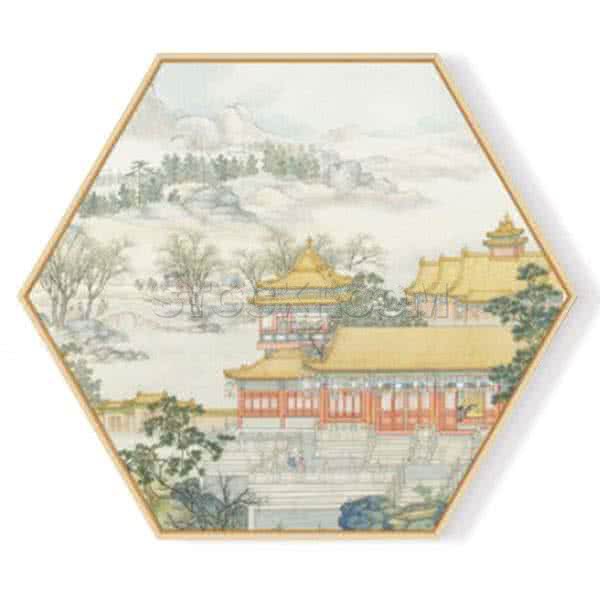 Stockroom Artworks - Hexagon Canvas Wall Art - Chinese Ancient Building - More Sizes