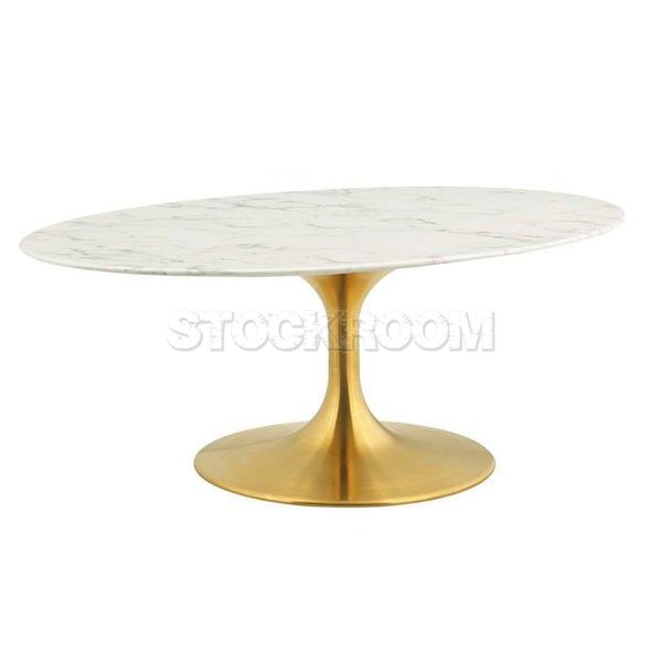 Tulip Style Oval Coffee Table With Brass Base - Marble