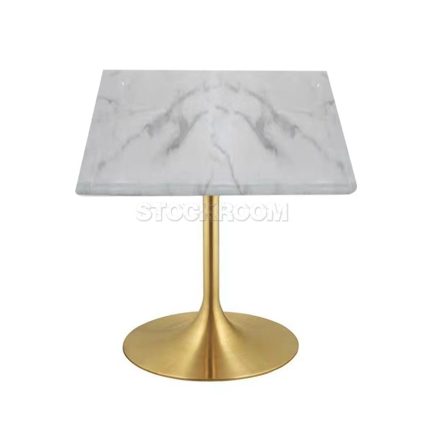 Eero Saarinen Tulip Style Square Dining Table with Brass Base - Marble