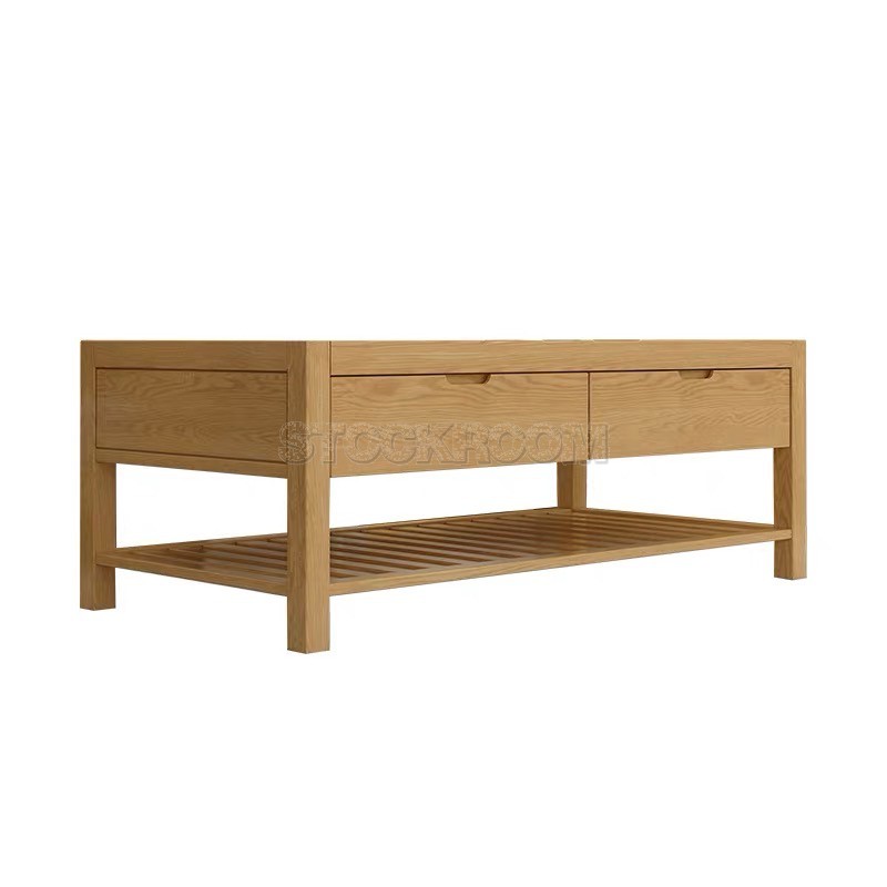 Erin Solid Oak Wood Coffee Table With Drawers