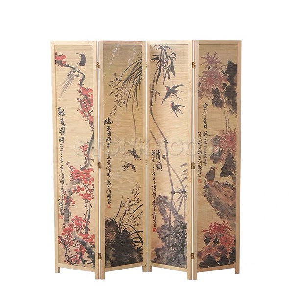 Decorative Chinese Calligraphy Design Wood & Bamboo 4 Panel Screen/ Room Divide