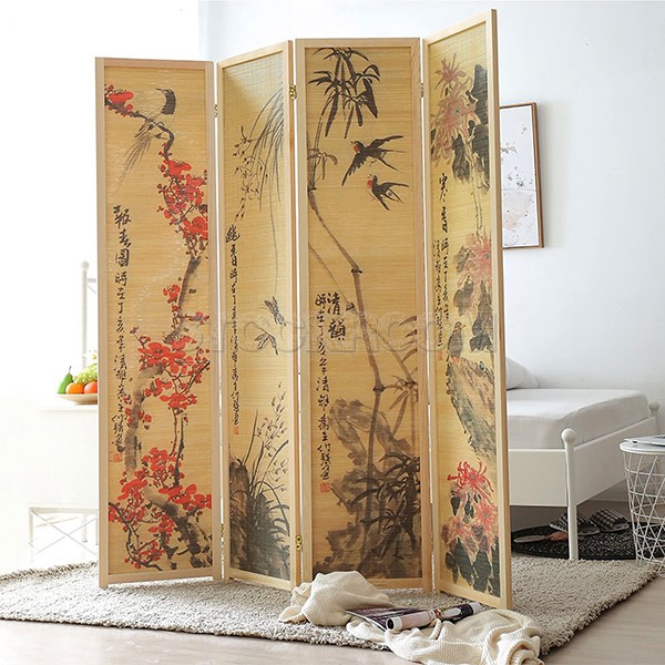 Decorative Chinese Calligraphy Design Wood & Bamboo 4 Panel Screen/ Room Divide