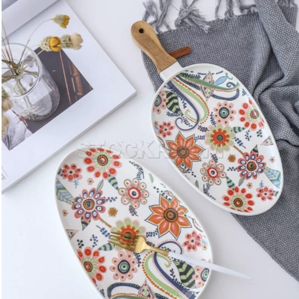 STOCKROOM Ceramic Floral Printed Plate - Wooden Handle Drip Platter