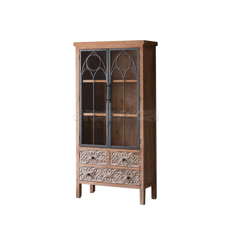 Mellor Industrial Rustic Cabinet Bookcase Carved Patterns Glass Doors With 3 Drawers