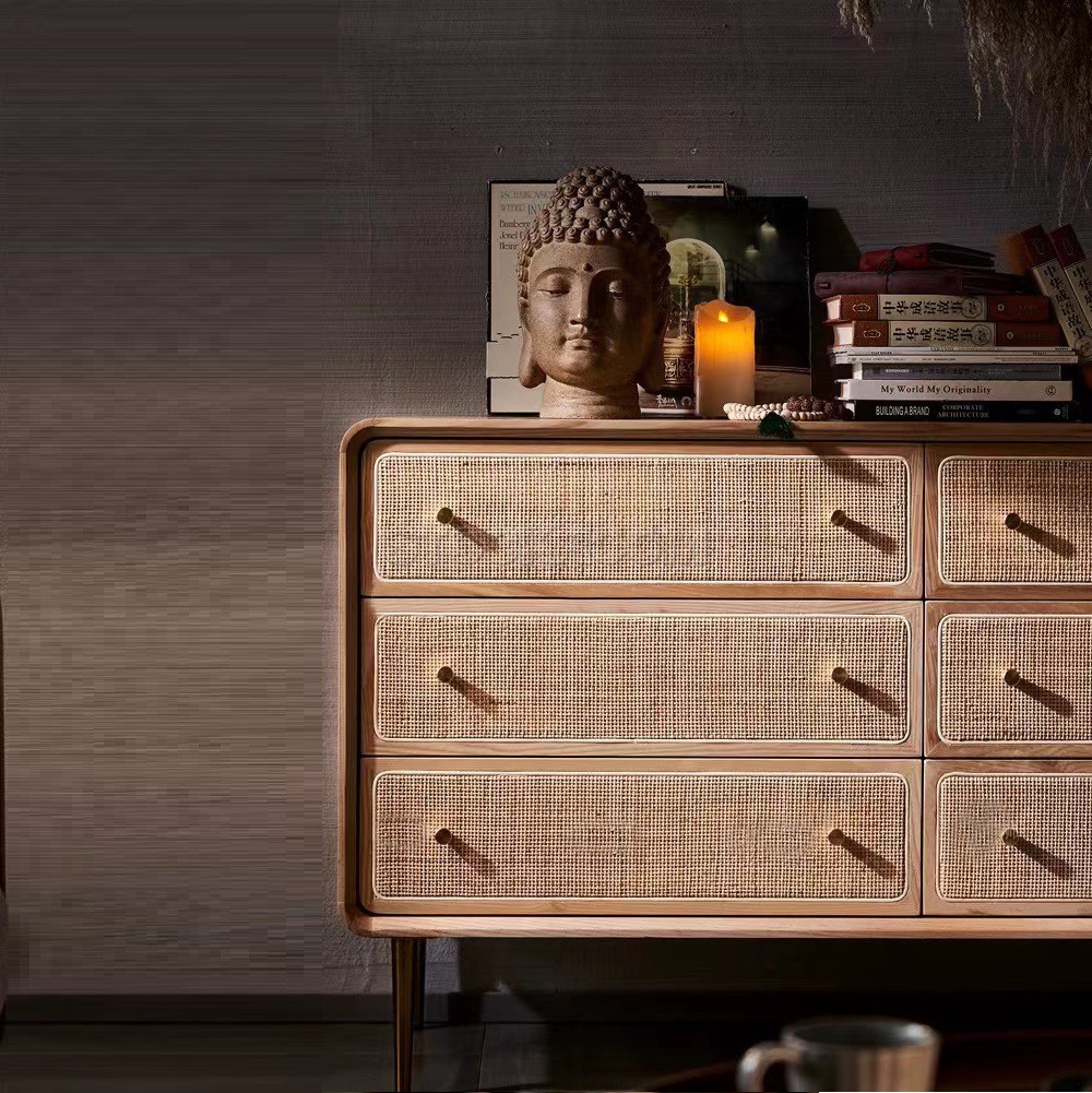 Nabee Rattan Woven Solid Wood 6 Drawers Dresser Sideboard Cabinet