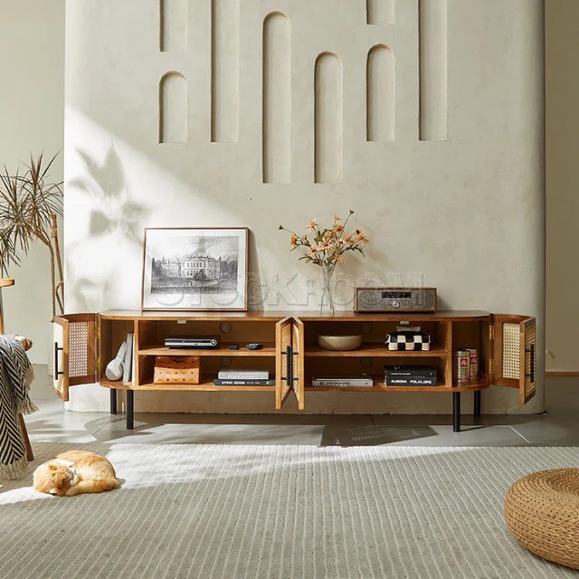 Nordic Curved Rattan TV Cabinet / Media Console with Storage Cabinet & 4 Doors